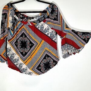 Shyanne Women's Size Medium Colorful Floral Patchwork Top Bell Sleve